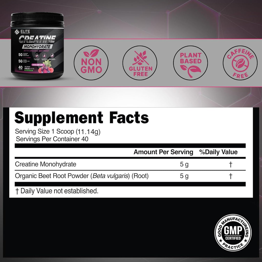 Elite Wellness Berry Flavor Creatine Monohydrate with Organic Beetroot Supplement