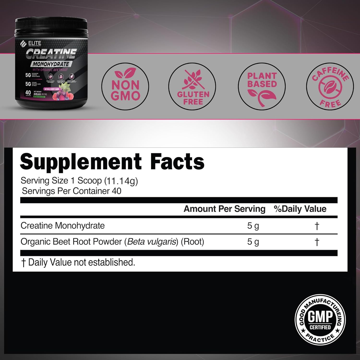 Elite Wellness Berry Flavor Creatine Monohydrate with Organic Beetroot Supplement