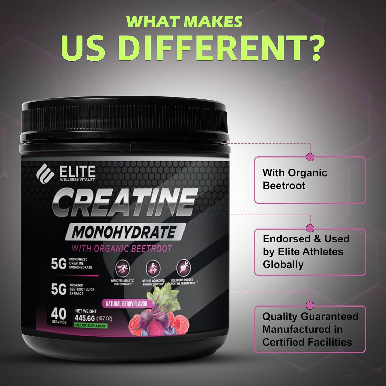 Elite Wellness Berry Flavor Creatine Monohydrate with Organic Beetroot Supplement