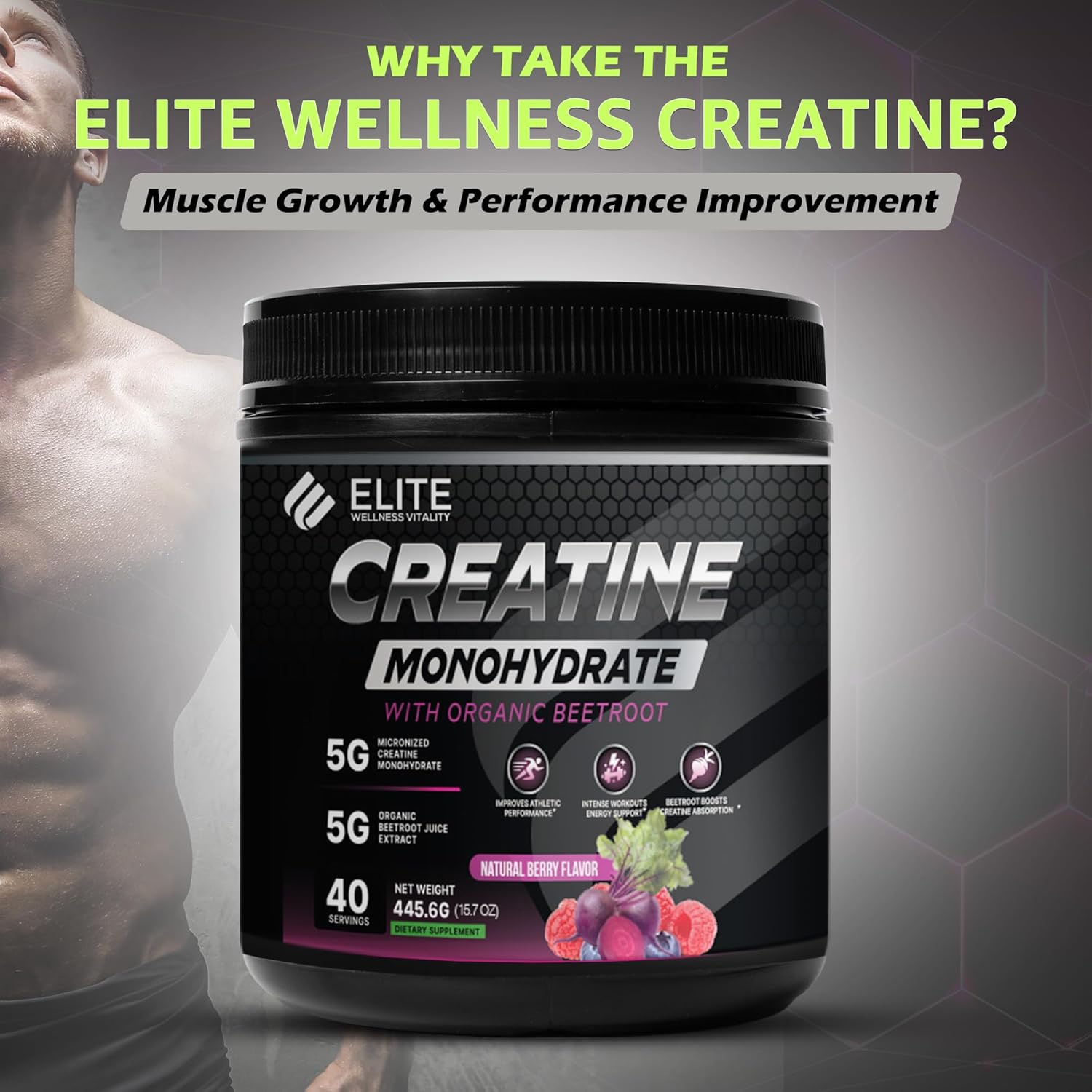Elite Wellness Berry Flavor Creatine Monohydrate with Organic Beetroot Supplement