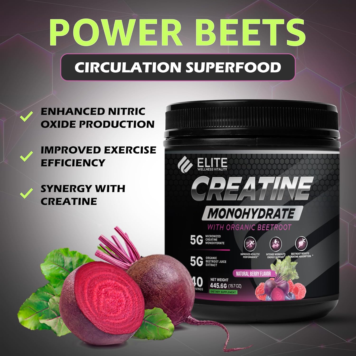Elite Wellness Berry Flavor Creatine Monohydrate with Organic Beetroot Supplement