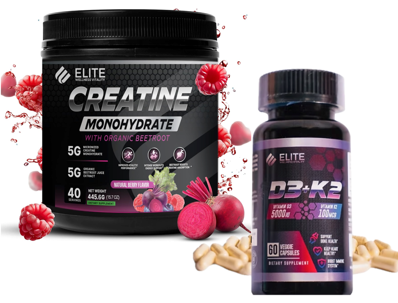 Elite Wellness D3+K2 Vitamin & Creatine Monohydrate | BUNDLE