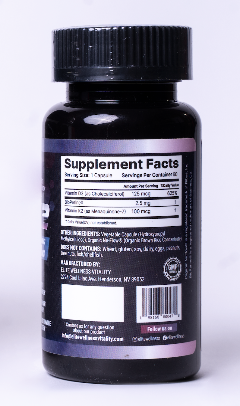 Elite Wellness D3 5000IU +K2 100MCG Vitamin Supplement