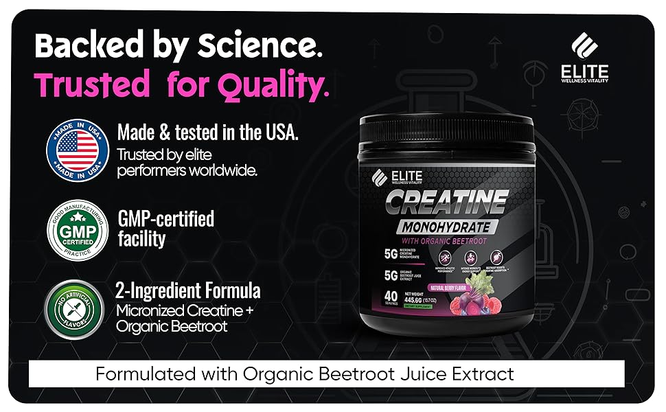 Elite Wellness Berry Flavor Creatine Monohydrate with Organic Beetroot Supplement