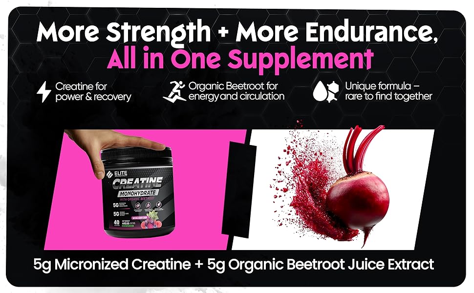 Elite Wellness Berry Flavor Creatine Monohydrate with Organic Beetroot Supplement